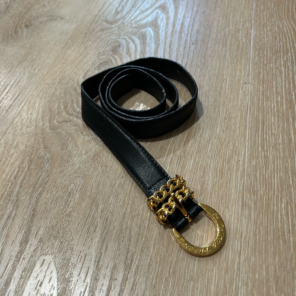 Paloma Picasso Black Leather Belt with Gold Chain Ring Buckle
